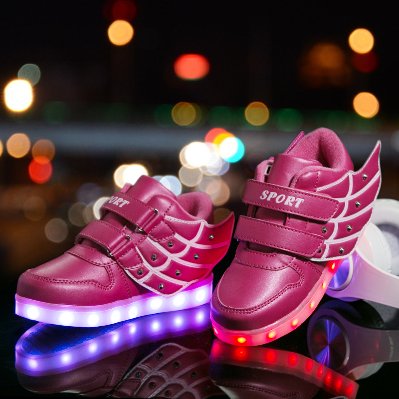 Factory USB charging  luminous children light  up casual shoes with wing pattern